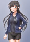  1girl agano_(kancolle) alternate_costume anti_(untea9) bike_shorts black_blouse black_hair blouse blue_eyes blue_jacket breasts collarbone cowboy_shot emblem eyebrows_visible_through_hair girls_und_panzer gradient gradient_background grey_background gym_uniform hair_between_eyes hand_in_pocket highres jacket logo long_hair long_sleeves looking_at_viewer medium_breasts ooarai_(emblem) open_mouth solo sweatdrop track_jacket twitter_username 