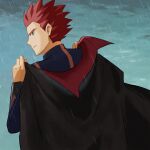  1boy black_cape cape closed_mouth from_behind grey_eyes hands_up highres holding holding_cape holding_clothes imasara_maki jacket lance_(pokemon) long_sleeves looking_at_viewer looking_back male_focus outdoors pokemon pokemon_(game) pokemon_hgss rain red_hair short_hair solo spiked_hair upper_body 