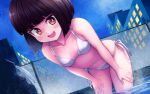  1girl :d akemiho_tabi_nikki bangs bare_shoulders bikini black_hair blunt_bangs blush bob_cut breasts brown_eyes building collarbone commentary eyebrows_visible_through_hair eyelashes fukube_tamaki hands_on_own_thighs highres kouno_hikaru leaning_forward looking_at_viewer navel night onsen open_mouth original outdoors pool railing rooftop short_hair side-tie_bikini small_breasts smile solo swimsuit teeth upper_teeth wading water waterfall white_bikini 