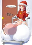  brown_eyes brown_hair censored christmas condom futanari hime_cut huge_balls huge_penis huge_testicles long_hair maruchiro santa santa_hat solo translated what 