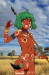  1girl \m/ africa artist_request bangs bodypaint cloud dark_nipples dark_skin flat_chest green_hair looking_at_viewer macross macross_frontier nipple_rings nipples nude open_mouth outdoors photo_background photoshop pussy pussy_juice ranka_lee red_eyes short_hair sky smile solo tree tribal uncensored 