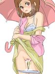  blush bra breasts brown_eyes brown_hair censored cum dress dress_lift dress_pull lifted_by_self lingerie lowres medium_breasts open_mouth panties pants_down panty_pull parasol parasol_lady_(pokemon) pink pokemon pussy solo tears umbrella underwear undressing 