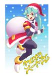  1girl android blush border christmas coat full_body fur_trim gloves gradient gradient_background green_hair highres holding holding_sack leg_up long_hair looking_back merry_christmas open_mouth pandora_(rockman) puffy_short_sleeves puffy_sleeves red_coat robot_ears rockman rockman_zx sack santa_costume short_sleeves shoutaro_saito signature smile snowflakes solo text_focus white_border 
