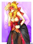  1girl aozoraichi blonde_hair breasts breasts_outside censored crown dress dress_lift drill_hair garter_straps garters inverted_nipples king_of_fighters kof large_breasts nipples open_mouth penis pubic_hair red_eyes rose_bernstein snk sweat thighhighs tongue zoom_layer 