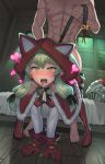  1boy 1girl ahegao all_fours animal_hat animal_hood bed bell blush boots bow breasts cat_hat cat_hood cat_tail cleavage clothed_sex doggystyle elf gloves goblin_slayer goblin_slayer! green_eyes green_hair hat heart helmet hetero high_elf_archer_(goblin_slayer!) hood jingle_bell long_hair moon night night_sky open_mouth pointy_ears potato_(sksnabi) saliva santa_hat sex sky tail thigh_boots thighhighs 