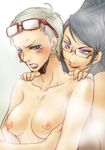  2girls angry bayonetta bayonetta_(character) black_hair blue_eyes blush breasts earrings erect_nipples eyeshadow female glasses hair_bun jeanne_(bayonetta) jewelry lipstick long_hair makeup multiple_girls nipples nude pocapin short_hair small_breasts tears white_hair 