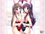  animal_ears bare_legs blue_eyes blush breast_press breasts breasts_outside bunny_ears bunnysuit choco_chip crossover earrings grey_hair hairband holding_hands jewelry large_breasts leg_garter long_hair multiple_girls prima_stella purple_hair red_eyes sara_sara_sasara shirotae_mahiru smile symmetrical_docking symmetrical_hand_pose takasu_miyabi topless very_long_hair wallpaper wrist_cuffs yuri 