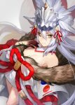  1girl animal_ear_fluff animal_ears bangs bare_shoulders beast_iv:l black_sclera blood blood_on_hands breasts cleavage colored_sclera detached_collar extra_ears fate/grand_order fate_(series) fox_ears fox_girl fox_tail fur_collar hair_between_eyes headpiece heterochromia highres japanese_clothes kimono koyanskaya_(fate) large_breasts long_hair long_sleeves looking_at_viewer off_shoulder rope sash sidelocks silver_hair smile solo tail tamamo_(fate) thighs very_long_hair waterstaring white_kimono wide_sleeves yellow_eyes 