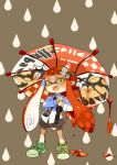  1girl chibi full_body holding inkling long_hair looking_at_viewer mota open_mouth pointy_ears shirt shoes simple_background skirt smile solo splatoon_(series) standing tentacle_hair umbrella 
