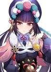  1girl bangs black_hair blunt_bangs blush bonnet braid breasts cas_cassis corset dress fur_collar genshin_impact long_hair long_sleeves looking_at_viewer medium_breasts purple_dress purple_headwear red_eyes smile solo tassel underbust yunjin_(genshin_impact) 