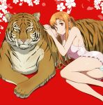  1girl absurdres animal ass asuna_(sao) bare_arms bare_legs bare_shoulders blush braid breasts brown_eyes brown_hair camisole chinese_zodiac collarbone commentary_request highres long_hair looking_at_viewer lying medium_breasts on_side panties pink_camisole puge red_background shiny shiny_hair side_braid simple_background sitting sleeveless smile solo spaghetti_strap sword_art_online tiger underwear white_panties year_of_the_tiger 