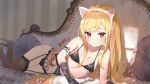  1girl animal_ears bare_shoulders black_bra black_panties blonde_hair bra breasts brown_legwear cat_ears chaise_longue closed_mouth couch dungeon_and_fighter fake_animal_ears frown garter_belt hairband highres lingerie long_hair looking_at_viewer lying mage_(dungeon_and_fighter) omelet_tomato on_couch on_side panties pointy_ears pubic_tattoo red_eyes small_breasts solo string_bra string_panties tattoo thighhighs underwear underwear_only very_long_hair 