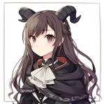  1girl ascot bangs black_cape black_shirt border braid brown_eyes brown_hair cape expressionless eyebrows_visible_through_hair highres horns long_hair looking_at_viewer pearl_hair_ornament project_sekai shachi_(kaisendon) shinonome_ena shirt sidelocks simple_background solo upper_body white_ascot white_background 