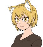  1girl absurdres animal_ears blonde_hair brown_shirt chanta_(ayatakaoisii) closed_mouth fox_ears highres looking_at_viewer portrait shirt short_hair simple_background slit_pupils solo touhou upper_body white_background yakumo_ran yellow_eyes 