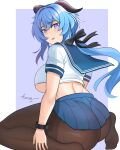  1girl alternate_breast_size alternate_costume aori_sora artist_name ass bangs black_legwear black_ribbon blouse blue_hair blue_sailor_collar blue_skirt bracelet breasts commentary crop_top dated english_commentary eyebrows_visible_through_hair floating_hair from_behind ganyu_(genshin_impact) genshin_impact goat_horns hair_ribbon highres horns jewelry large_breasts long_hair looking_at_viewer looking_back miniskirt pantyhose parted_lips pleated_skirt ponytail purple_eyes ribbon sailor_collar school_uniform serafuku short_sleeves signature sitting skirt sleeve_cuffs solo thighs underboob wariza white_blouse 