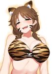  1girl :d animal_ear_fluff animal_ears animal_print bangs bare_arms bare_shoulders blush bra breasts brown_eyes brown_hair cleavage collarbone commentary_request eyebrows_visible_through_hair facial_mark fang gradient gradient_background half-closed_eyes head_tilt highres idolmaster idolmaster_cinderella_girls katagiri_sanae large_breasts long_hair looking_at_viewer low_twintails minakami open_mouth print_bra smile solo teeth tiger_ears tiger_print twintails underwear underwear_only upper_body upper_teeth v-shaped_eyebrows white_background yellow_background 