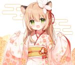  1girl :d animal_ear_fluff animal_ears bangs blush brown_hair commentary_request egasumi eyebrows_visible_through_hair floral_print flower green_eyes hair_between_eyes hair_flower hair_ornament japanese_clothes kimono long_hair long_sleeves obi original pinching_sleeves print_kimono sash simple_background smile solo upper_body white_background white_flower white_kimono wide_sleeves yuuhagi_(amaretto-no-natsu) 