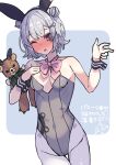  1girl animal_ears bangs bare_shoulders black_hairband blush bow cevio collarbone double_bun eyebrows_visible_through_hair green_bow grey_background grey_hair grey_legwear grey_leotard groin hair_ornament hairband hairclip hands_up koharu_rikka leotard nose_blush object_hug one_eye_closed pantyhose parted_lips pink_bow purple_eyes rabbit_ears solo strapless strapless_leotard stuffed_animal stuffed_toy sweat teddy_bear thigh_gap translation_request two-tone_background white_background zoruboi 