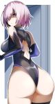  1girl absurdres ass back bangs bare_shoulders black_leotard breasts collar elbow_gloves fate/grand_order fate_(series) gin_moku gloves hair_over_one_eye highleg highleg_leotard highres large_breasts leotard light_purple_hair looking_at_viewer looking_back mash_kyrielight metal_collar purple_eyes purple_gloves shaded_face short_hair solo thigh_strap thighs 
