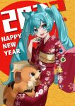  1girl 2022 animal_ears aqua_eyes aqua_hair aqua_nails claws fang floral_print growlithe hatsune_miku highres japanese_clothes kimono kimono_dress looking_at_viewer nail_polish new_year open_mouth pokemon pokemon_(creature) red_kimono reirou_(chokoonnpu) smile twintails vocaloid 