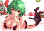  1girl absurdres black_bra black_legwear blush bra breasts christmas christmas_tree cleavage crossed_fingers eyebrows_visible_through_hair feet garter_straps gift green_hair highres kazami_yuuka red_eyes short_hair smile strap_slip touhou underwear yagami_(mukage) 