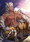  1boy abs animal_on_head animal_print bara bare_pectorals bellsaltr body_fur chinese_zodiac dark-skinned_male dark_skin detached_sleeves fang full_body highres large_pectorals long_hair male_focus mature_male mouse muscular muscular_male navel navel_hair nipples on_head original pants pectorals print_pants skin_fang solo squatting stomach tail thick_thighs thighs tiger_boy tiger_print tiger_stripes tiger_tail tooth_necklace tribal year_of_the_tiger 