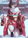  1girl bangs boots brown_eyes brown_hair commentary_request full_body fur-trimmed_kimono fur_trim hair_between_eyes hair_ornament hair_over_one_eye hatsumoude highres japanese_clothes kaoming kimono kinchaku long_sleeves looking_at_viewer new_year obi obiage obijime one_knee original pouch red_kimono sash short_hair shrine sidelocks sleeves_past_wrists snow snowing solo thighs wide_sleeves 