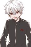  1boy 1girl bangs black_jacket eyebrows_visible_through_hair grey_hair hair_between_eyes hair_ornament highres jacket kuzuha_(nijisanji) long_sleeves looking_at_viewer male_focus namori nijisanji open_mouth pointy_ears red_eyes simple_background smile solo virtual_youtuber white_background 