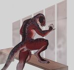  2021 anthro dinosaur erection genitals hi_res iguanodon iguanodontid locker_room looking_back male nude ornithischian penis pinup pose reptile scalie sheycra solo 