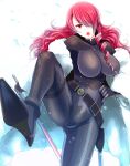  1girl black_bodysuit bodysuit breasts coat fur_coat hair_over_one_eye holding holding_sword holding_weapon kirijou_mitsuru large_breasts looking_at_viewer open_mouth persona persona_3 persona_4:_the_ultimate_in_mayonaka_arena red_eyes red_hair shibuki_oroshi simple_background solo sword weapon white_coat 