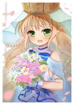  1girl blonde_hair blue_dress blue_ribbon blush bouquet bridal_veil conet510 dress elf flower gloves green_eyes highres holding holding_bouquet holding_flower irina_bondarchuk iris_mysteria! long_hair petals pointy_ears ribbon rose_petals smile solo veil wedding_dress white_gloves 