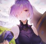  1girl 1other armor bare_shoulders black_armor black_gloves breastplate closed_mouth cloud cloudy_sky commentary_request elbow_gloves eyebrows_visible_through_hair eyes_visible_through_hair fate/grand_order fate_(series) gloves grass hair_over_one_eye highres holding holding_shield holding_weapon light_purple_hair looking_at_viewer mash_kyrielight mountain out_of_frame outdoors pov purple_eyes purple_gloves shield short_hair sky smile tamayai two-tone_gloves upper_body weapon 