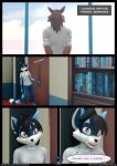  anthro black_hair blue_body blue_fur bookshelf brown_body brown_fur canid canine canis comic comic_panel dialogue door dransvitry female fur furniture hair hi_res male mammal office procyonid raccoon ryder_(striped_sins) speech_bubble striped_sins willitfit window wolf 