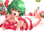  1girl absurdres blush bound box breasts christmas christmas_tree crossed_fingers eyebrows_visible_through_hair feet gift gift_box green_hair highres kazami_yuuka nipples open_mouth red_eyes ribbon ribbon_bondage saliva solo touhou underwear yagami_(mukage) 