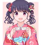  1girl black_hair commentary double_bun fangs flower fukumaru_koito hair_flower hair_ornament highres idolmaster idolmaster_shiny_colors japanese_clothes kimono looking_at_viewer nagi_uru note open_mouth pink_kimono purple_eyes skin_fangs solo translated twintails upper_body wide_sleeves 