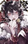  1boy absurdres animal_ears black_hair chinese_zodiac ear_piercing highres looking_at_viewer male_focus nail_polish nemuo_(air012ryo) original pale_skin piercing red_eyes tiger tiger_boy tiger_ears year_of_the_tiger 