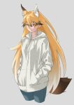  1girl absurdres alternate_costume animal_ear_fluff animal_ears bangs black_hair blonde_hair commentary contemporary cropped_legs drawstring extra_ears eyebrows_visible_through_hair ezo_red_fox_(kemono_friends) fox_ears fox_girl fox_tail gradient_hair grey_background hair_between_eyes hands_in_pockets highres hood hood_down hooded_jacket jacket kemono_friends long_hair long_sleeves looking_at_viewer multicolored_hair orange_hair pants parted_lips simple_background solo tail tanabe_(fueisei) very_long_hair white_hair white_jacket 