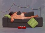  1boy after_anal after_sex artist_name ass back bara black_hair box christmas_lights completely_nude couch cum cum_in_ass gift gift_box highres lying male_focus merry_christmas muscular muscular_male nickiecharles nude on_couch on_side original pillow short_hair solo 
