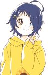  1girl ahoge blue_eyes blue_hair hair_ornament heterochromia highres hood hood_down hoodie long_sleeves looking_at_viewer namori ooto_ai short_hair smile solo v white_background wonder_egg_priority yellow_eyes yellow_hoodie 