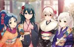  4girls alternate_costume blue_hair blurry blurry_background byleth_(fire_emblem) byleth_(fire_emblem)_(female) chinese_zodiac corrin_(fire_emblem) corrin_(fire_emblem)_(female) fire_emblem fire_emblem:_new_mystery_of_the_emblem fire_emblem:_three_houses fire_emblem_awakening fire_emblem_fates flower fur_collar green_hair hair_flower hair_ornament hairband haru_(nakajou-28) highres japanese_clothes kimono kris_(fire_emblem) light_blush looking_at_viewer multiple_girls new_year ponytail robin_(fire_emblem) robin_(fire_emblem)_(female) silver_hair smile twintails upper_body year_of_the_tiger 