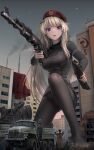  1girl absurdres ak-74m ak74m_(girls&#039;_frontline) assault_rifle beret black_footwear black_legwear black_shirt blonde_hair blue_eyes boots boots_removed building city cross-laced_footwear eyebrows_visible_through_hair giant giantess girls&#039;_frontline gun hair_ornament hat highres holding holding_gun holding_magazine_(weapon) holding_weapon kalashnikov_rifle lace-up_boots long_hair long_sleeves magazine_(weapon) military military_uniform open_mouth pantyhose red_headwear red_skirt rifle shirt skirt skirt_removed smoke snowflake_hair_ornament trigger_discipline uniform very_long_hair weapon welt_(kinsei_koutenkyoku) 