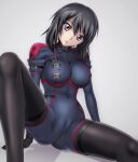  1girl :o absurdres ass bangs belt black_belt black_bodysuit black_choker black_gloves black_hair black_legwear bodysuit boots breasts buckle choker code_geass code_geass:_boukoku_no_akito collarbone covered_navel covered_nipples eyebrows_behind_hair gloves grey_background groin hair_between_eyes hands_on_floor highres impossible_bodysuit impossible_clothes kousaka_ayano large_breasts open_mouth pasya-pasya pilot_suit purple_eyes pussy shadow short_hair sitting solo thigh_boots thighhighs 