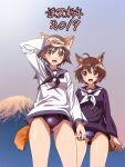 2019 2girls absurdres ahoge animal_ears arm_up black_necktie blouse blue_blouse blue_sailor_collar blue_swimsuit brave_witches brown_eyes brown_hair clear_sky commentary crotch_seam day dog_ears dog_tail eyebrows_visible_through_hair hair_flaps hair_ornament hairclip happy_new_year highres karibuchi_hikari kogarashi51 long_sleeves looking_at_viewer miyafuji_yoshika mount_fuji multiple_girls neckerchief necktie new_year no_pants open_mouth outdoors sailor sailor_collar school_swimsuit shading_eyes sky smile standing strike_witches swimsuit swimsuit_under_clothes tail translated white_blouse white_neckerchief world_witches_series 