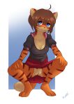 2019 absurd_res alternate_version_at_source anthro biped blue_eyes bottomwear breasts brown_hair cleavage clothed clothing crouching felid female genitals hair hi_res looking_at_viewer mammal pantherine pussy simple_background skirt solo synn synnfultiger tiger topwear upskirt 