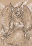  anthro avian bare_shoulders bird breasts cadmiumtea cleavage clothed clothing dress feathered_wings feathers felid feline female field flower flower_crown gryphon hi_res looking_at_viewer mammal monochrome mythological_avian mythology off_shoulder owl pallas&#039;s_cat plant sepia smile solo sona_(noxiis) traditional_media_(artwork) wings 