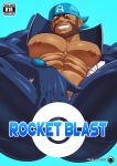  1boy abs archie_(pokemon) bara bare_pectorals beard blue_bodysuit bodysuit cover cover_page crestren crotch_grab dark-skinned_male dark_skin doujin_cover facial_hair highres large_pectorals male_focus mature_male muscular muscular_male nipples pectorals pokemon pokemon_(game) pokemon_oras presenting reward_available seductive_smile short_hair smile solo stomach text_censor thick_thighs thighs wetsuit 