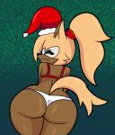  2021 anthro bent_over big_butt blonde_hair bra brown_body brown_fur butt canid canine canis christmas christmas_clothing christmas_headwear clothing digital_media_(artwork) eyelashes eyeshadow female fur green_background hair hat headgear headwear hi_res holidays horizontal_pupils idw_publishing long_hair looking_at_viewer looking_back makeup mammal marcodile panties ponytail pupils rear_view santa_hat sega simple_background snow snowing solo someth1ngoranother sonic_the_hedgehog_(comics) sonic_the_hedgehog_(idw) sonic_the_hedgehog_(series) teeth thick_thighs underwear whisper_the_wolf wide_hips wolf 