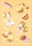  &gt;_&lt; bread closed_eyes commentary_request croissant dog eating food green_eyes highres holding holding_food jam jar mouth_hold no_humans pokemon pokemon_(creature) saku_(mwmwtwsu) sparkle toes tongue tongue_out yamper yellow_background 