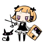  1girl animal bangs black_bow black_cat black_choker black_dress blonde_hair bloomers blunt_bangs blush_stickers bob_cut bow bright_pupils cat chibi choker closed_mouth dress dress_bow frilled_legwear frilled_sleeves frills full_body guillotine_girl_(yukihi) hair_bow hair_ornament hand_up holding holding_scissors holding_suitcase jitome legs_apart limited_palette looking_at_viewer lowres no_nose original puffy_short_sleeves puffy_sleeves purple_eyes purple_footwear ribbon_trim scissors short_bangs short_dress short_hair short_sleeves simple_background smile solo standing suitcase thighhighs underwear white_background white_bloomers white_bow white_pupils yukihi 