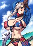  1girl absurdres american_flag_bikini arms_up asymmetrical_gloves bangs beach belt bikini blue_eyes blue_jacket blue_sky blush breasts brown_gloves bun_cover choker cleavage coffeelove68 cropped_jacket fate/grand_order fate_(series) flag_print gloves grin gunblade hair_bun hair_ribbon highres jacket large_breasts long_hair long_sleeves looking_at_viewer miyamoto_musashi_(fate) miyamoto_musashi_(swimsuit_berserker)_(fate) navel ocean pink_hair ribbon shore shrug_(clothing) side_bun sky smile solo swept_bangs swimsuit weapon 